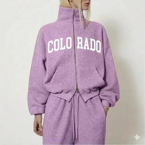 Conjunto de sudadera con cremallera y pantalones deportivos para mujer, color verde esmeralda, con estampado de MASSACHUSETTS, de felpa gruesa premium, de dos piezas, estilo oversized. - Product Image 6