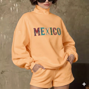 Women Everyday <b>Mock</b> <b>Neck</b> <b>Top</b> And Shorts Set Warm Cozy Comfortable Relaxed Fit Stylish Daily Wear Clothing - Product Image 1