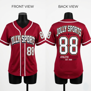 Women Baseball Jersey 180 GSM premium polyester breathable <b>maroon</b> panel design embroidered chenille Women Cotton Baseball Jersey - Product Image 5