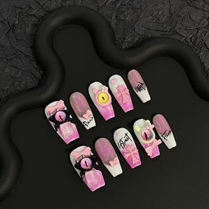 Gros rose <span class=keywords><strong>petit</strong></span> monstre yeux de chat mignon art artificiel peint à la main arc tridimensionnel couverture complète faux ongles - Product Image 1