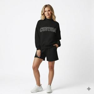Conjunto de Sudadera Oversize de Cuello Alto con Estampado Gráfico de Montaña 'EXPLORE' Verde Sólido para Mujer y Pantalones Cortos, Manga Larga, Estilo Casual Urbano - Product Image 4