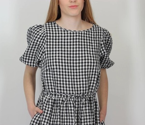 Nouvelle arrivée : robe smock en coton à carreaux avec manches bouffantes courtes, mi-longue, formelle, coupe A, pour femmes - Product Image 6