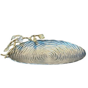 Rectangular Hammered Aluminum <b>Serving</b> <b>Tray</b> With <b>Gold</b> Floral Leaf Handles Elegant Decorative Metal Food Platter For Wedding Hotel - Product Image 5