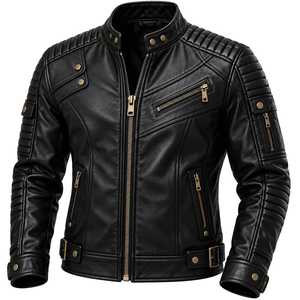 Veste de motard en cuir véritable noir pour homme, fermetures éclair dorées, épaules matelassées, coupe ajustée, coupe-vent, respirante, anti-UV, écologique - Product Image 1