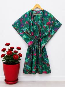 Women Floral Bird Print Cotton <b>Kaftan</b> Dress | Boho <b>Beach</b> Cover-Up Resort Wear V-neck Batwing Sleeves Maxi Eco-Friendly Handmade - Product Image 1