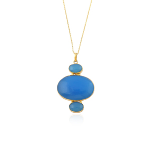 High quality triple stone blue chalcedony big size pendant <b>necklace</b> <b>solid</b> brass 18k gold plated handmade cable chain <b>necklace</b> - Product Image 1