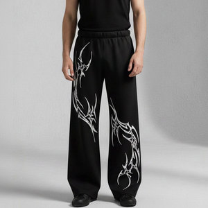 Pantalon de jogging noir pour homme, coupe droite, taille élastique, style décontracté urbain vintage, mi-long, en tissu peigné, pour l'automne - Product Image 3