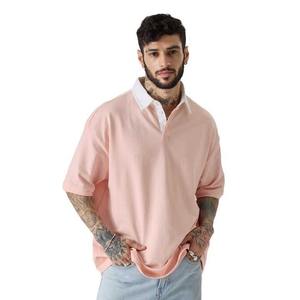 Camisa Oxford Casual de Manga Corta para Hombre, Color Rosa Sólido, Corte Regular, Transpirable, Tejido de Poliéster, Logotipo Frontal - Product Image 1