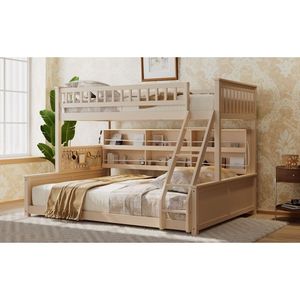 Lit superposé Twin XL sur Queen avec étagères intégrées, lumières à changement de couleur, panneau perforé beige – Lit de dortoir - Product Image 5