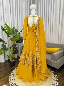 Yellow Embroidered Anarkali Salwar Kameez Set <b>Reversible</b> Women Party <b>Dress</b> with Dupatta Regular Fit - Product Image 3