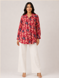 Women <b>Red</b> Floral Printed Cotton Kurti Shirt Collar Full Sleeve Loose Fit Casual Tunic Top Ethnic Everyday Wear Elegant Outfit - Product Image 5