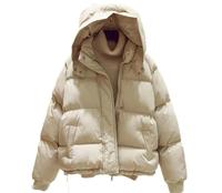 Blouson matelassé beige à capuche, coupe-vent d'hiver, col montant, décontracté, avec logo frontal, rembourrage en duvet, fermeture éclair, unisexe, coupe régulière