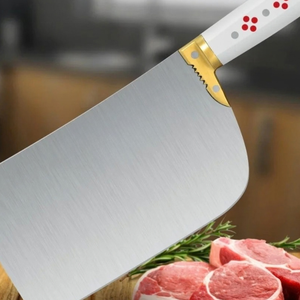 Couteau à découper la viande robuste, lame large argentée, manche blanc, design à points rouges, bolster doré, couteau de boucher de cuisine - Product Image 4