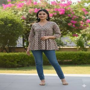 VASTRA COTTAGE Elegante Conjunto de Kurti Redondo Estampado de Algodón Puro con Pantalón de Cuello Completamente Decorado y Dupatta de Algodón - Product Image 3