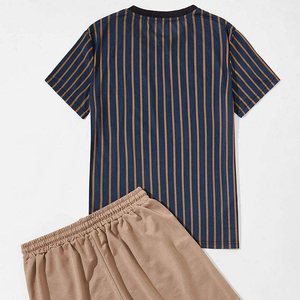 Conjunto de camiseta de manga corta a rayas para hombre y pantalones cortos de punto casual con cuello redondo, transpirable, para verano, 100% algodón - Product Image 2
