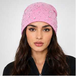 Pink Rhinestone Unisex Adult Winter Warm Knitted <b>Beanie</b> Hat 100% <b>Wool</b> Solid Color Cute Style Cycling Beach Fashion Accessory - Product Image 1