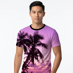 Camiseta de Manga Corta para Hombre, Color Morado, con Estampado de Palmeras y Atardecer, Cuello Redondo, Tejido de Punto, Corte Regular - Product Image 5