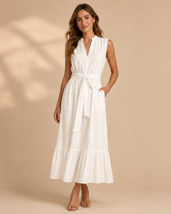 Blue Solid Woven Digital Printing Sleeveless Mandarin Collar <b>Maxi</b> Dress Wrap Tie Belt A-Line Romantic Summer Casual - Product Image 3