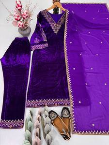 Ensemble moderne avec broderie machine lourde, uni teint, en viscose, velours et georgette, style dupatta, col en V, épaules tombantes, manches 3/4 - Product Image 6
