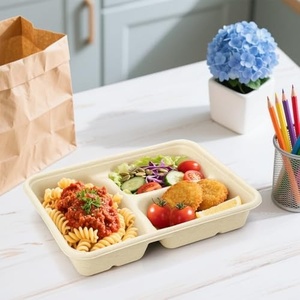 Assiette alimentaire carrée jetable de luxe biodégradable à 3 compartiments en bagasse de canne à sucre pour événements extérieurs, traiteur, riz et nouilles - Product Image 1