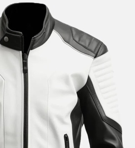 Men's White Black Leather Motorcycle <b>Jacket</b> Stand Collar <b>Zipper</b> Closure Moto Biker Style Autumn Wear - Product Image 2