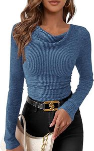 Hauts décontractés d'hiver pour femmes à manches longues, col drapé, en maille côtelée, coupe ajustée, froncés, style crop top, t-shirts basiques - Product Image 5