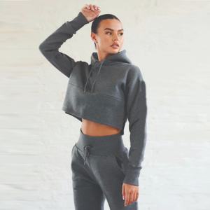 <b>Women's</b> <b>Dark</b> <b>Grey</b> Cropped <b>Hoodie</b> 100% Cotton Custom Printed Fleece Casual Sweatshirt - Product Image 3