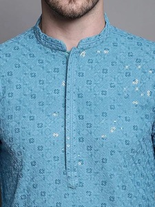 Salwar Kameez pour homme en coton violet, broderie géométrique modeste, col montant, manches longues, tenue ethnique quotidienne, coupe classique, toutes saisons - Product Image 3