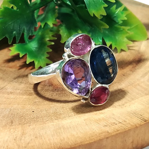 Anillo Múltiple con Engaste de Plata de Ley 925 y Piedras Naturales: Piedra Lunar Arcoíris, Prehnita, Amatista y Turmalina, Certificado por Terceros - Product Image 5