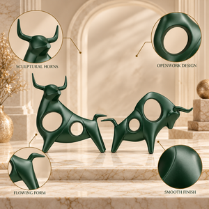Ensemble de 2 sculptures abstraites de taureau |   Figurines de taureau vertes modernes avec cornes pour salon, bureau, console, étagère, table, décoration intérieure - Product Image 3