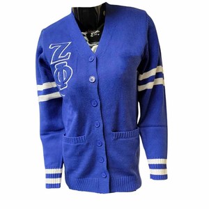 Zeta | Phi | Beta Sorority <b>Varsity</b> <b>Cardigan</b>-White Acrylic Knitted Women V Neck Button Front Embroidered Letter Sleeve - Product Image 3