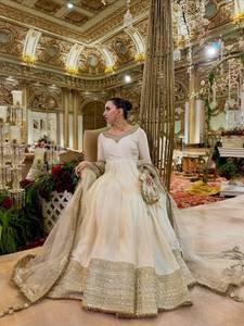 Ivory Embroidered Anarkali Gown With Dupatta Floor Length Traditional <b>Wedding</b> <b>Dress</b> Thread Sequence Work Top Pant Floor-Length - Product Image 2
