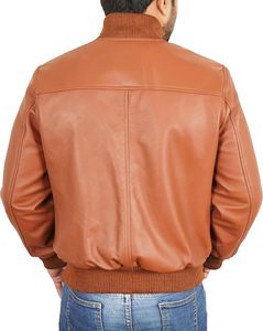 Chaqueta Bomber de Cuero Vacuno Marrón para Hombre, Cuello Alto, Cierre de Cremallera, Corte Regular Informal, para Otoño - Product Image 2