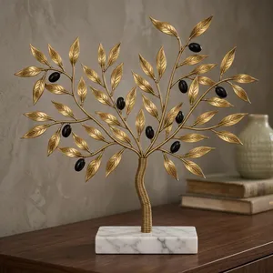 Escultura Decorativa de Olivo en Metal con Frutos Negros y Acabado Dorado Texturizado, Elegante Arte Botánico de Mesa sobre Mármol - Product Image 6