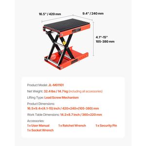 Martinetto a Forbice per Moto in Acciaio Rinforzato con Capacità di Carico di 1200 libbre, Piattaforma Larga e Altezza di Sollevamento di 15 Pollici - Nuovo - Product Image 6