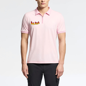 Men's Pink Short Sleeve Polo <b>Shirt</b> With <b>Flame</b> Logo Front Print Casual Breathable Pique Cotton Knitted Regular Fit - Product Image 1