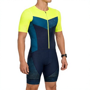 Combinaison de cyclisme pour homme, jaune fluo et bleu, aérodynamique, séchage rapide, compression modérée, extensible dans les 4 sens, manches courtes, fermeture éclair intégrale - Product Image 2