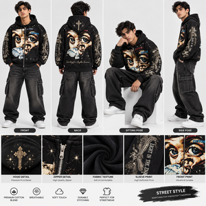 Vente en gros de sweat à capuche oversize noir zippé en polaire avec motifs graphiques, personnalisation d'illustrations, style décontracté, pull à superposer, marque privée, OEM, fournisseur vintage - Product Image 6