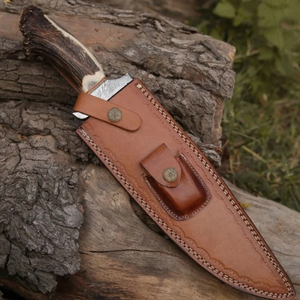 Premium Silver Damascus <b>Steel</b> Hunting Bowie Knife with Brown Natural Antler Handle Fixed Blade <b>Outdoor</b> Survival Camping Knife - Product Image 4