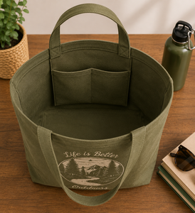 Olive Green <b>Canvas</b> <b>Tote</b> Bag with Nature Scene Print Shopping & Travel Use Top Handle Open Top Design - Product Image 6