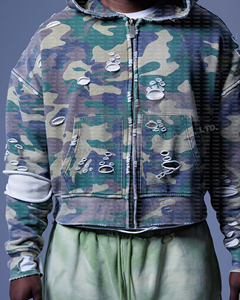 Wholesale Double Layer Washed Camo French Terry Sweatshirts for <b>Men</b> Distressed Cropped Boxy <b>Zip</b> <b>up</b> Camouflage Print Hoodie Homme - Product Image 5