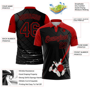 Camisas de Boliche de Manga Corta para Hombre con Estampado Personalizado, Diseño 3D en Negro y Rojo, Tejido Jersey de Secado Rápido, Listas para Personalizar con Nombre de Equipo y Logotipo OEM - Product Image 3