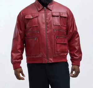 Custom <b>Men's</b> Red <b>Cargo</b> Leather Varsity <b>Jacket</b> Trending Plus Size with Stand Collar Front Logo Zipper Pocket - Product Image 4