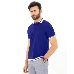 Chemise Homme Bleu Royal Tricotée 100% Coton Respirante Manches Courtes Couleur Unie Décontractée Col et Ourlet Blancs Personnalisables - Product Image 2