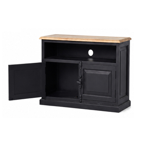 Meuble TV moderne en bois noir avec plateau en bois naturel, console de rangement, unité multimédia pour salon - Product Image 3