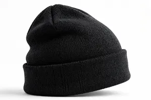 Bonnet en tricot côtelé noir uni unisexe, chaud pour l'hiver, avec revers - Product Image 4