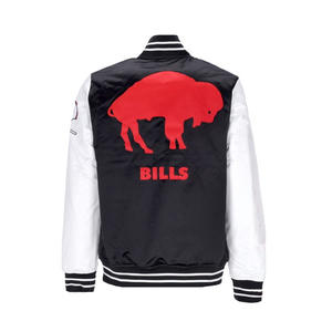 Veste universitaire en satin noir personnalisée pour hommes, veste bomber à manches blanches, vente en gros, broderie Buffalo, vêtements de sport pour équipe de baseball - Product Image 3