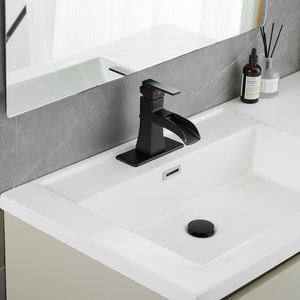 Rubinetto per lavabo a cascata nero a 1 foro con maniglia singola, scarico a scomparsa, tubi di alimentazione e piastra di copertura - Rubinetti bagno monocomando - Product Image 1