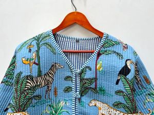 Block Printed Quilted Eco-Friendly Reversible Winter Bomber <b>Jacket</b> Floral Print Handmade Cotton Coat - Product Image 2