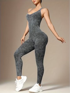 Women's Solid Ribbed Seamless <b>Yoga</b> Jumpsuit | Eco-Friendly Acid Wash Backless Gym <b>Unitard</b> | Breathable Quick Dry Lightweight - Product Image 3